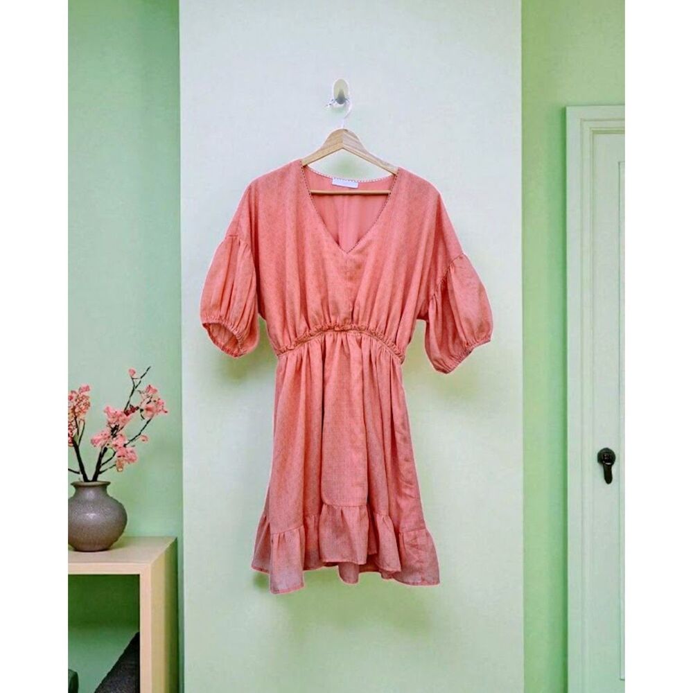 Ces Femme Feminine Puffed Sleeve Peach Dress M